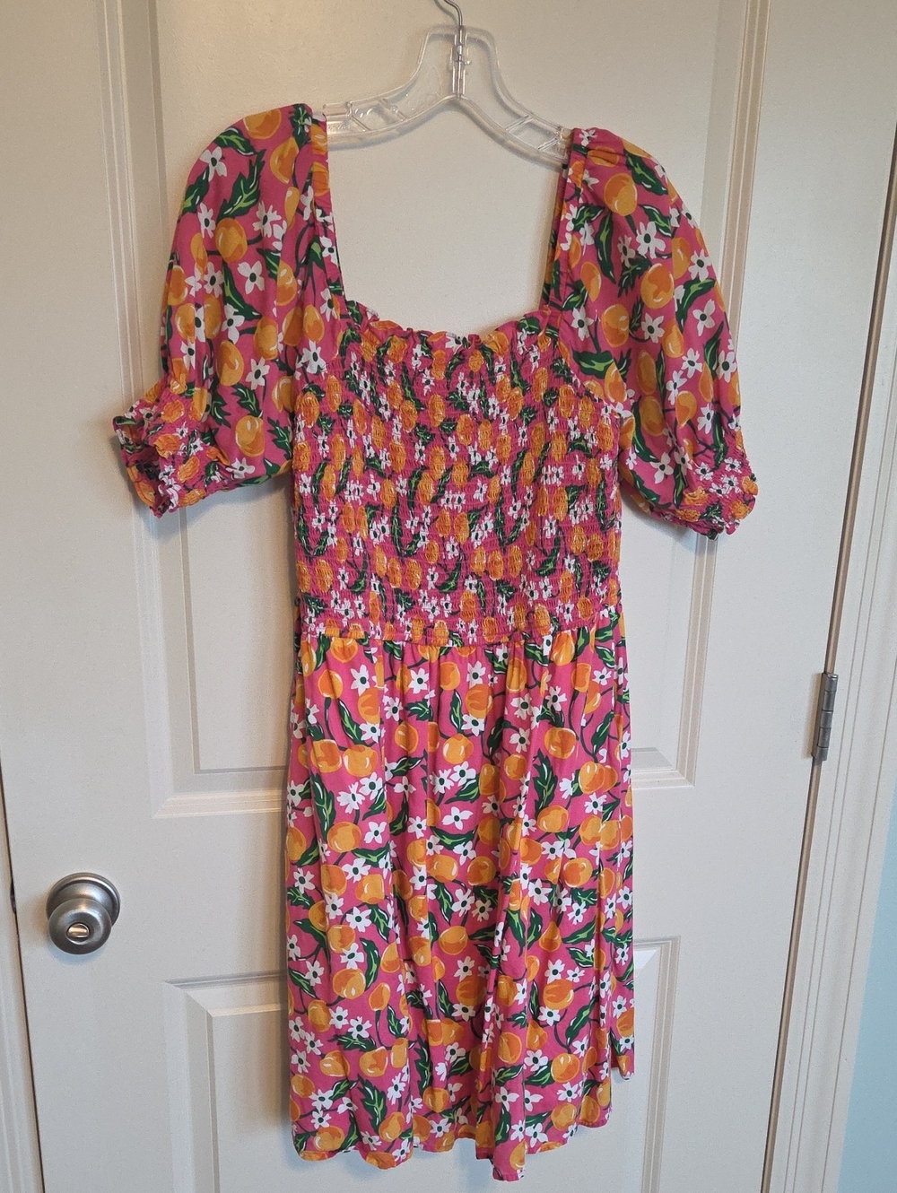 Draper James Pink Orange Floral Smocked Midi Dress with Puff Sleeves